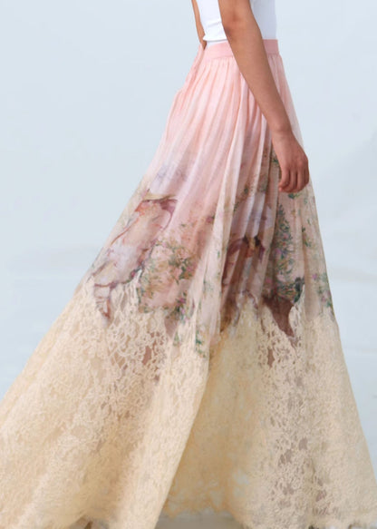 Pink Print Wrinkled Patchwork Lace Skirts Spring