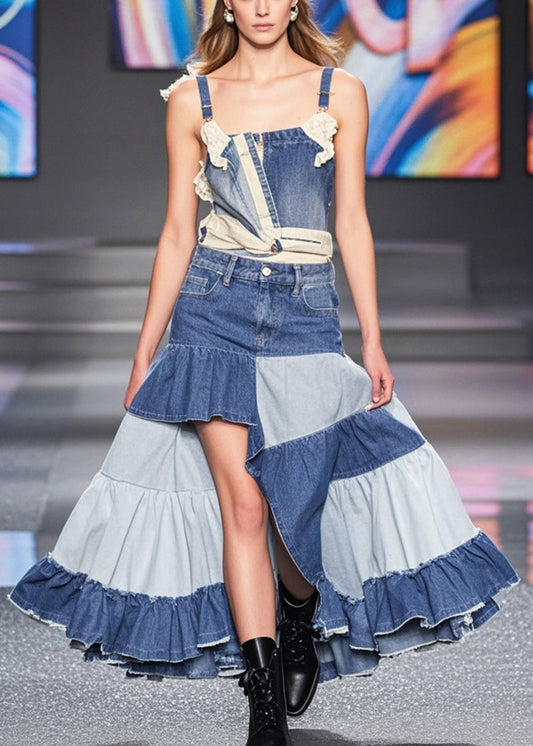 Modern Colorblock Ruffled Patchwork Denim a Line Skirt Spring