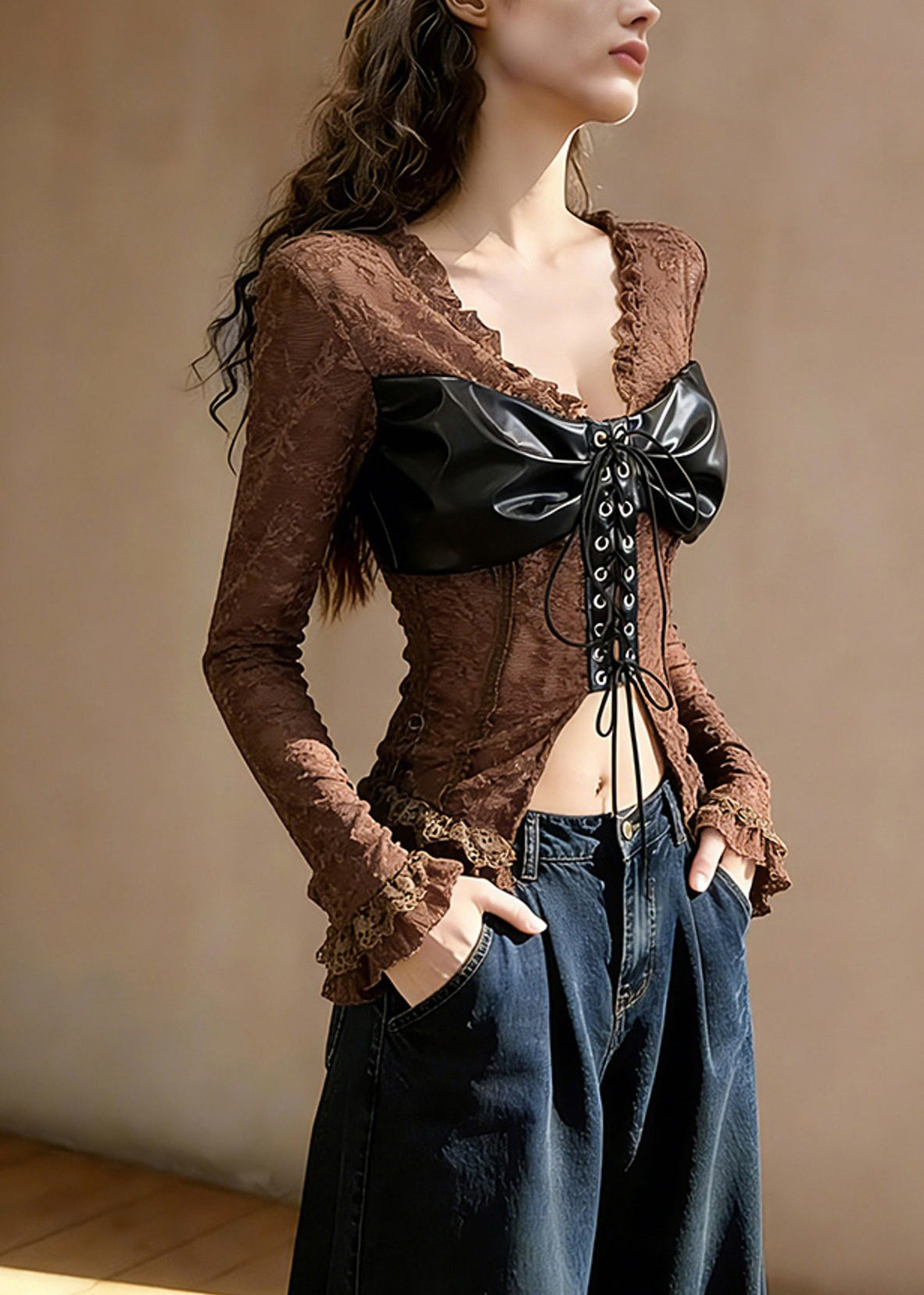 Coffee Ruffled Lace Up Patchwork Lace T Shirt Tops Spring