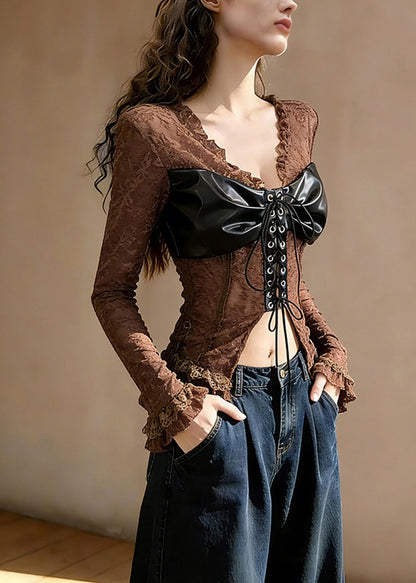 Coffee Ruffled Lace Up Patchwork Lace T Shirt Tops Spring