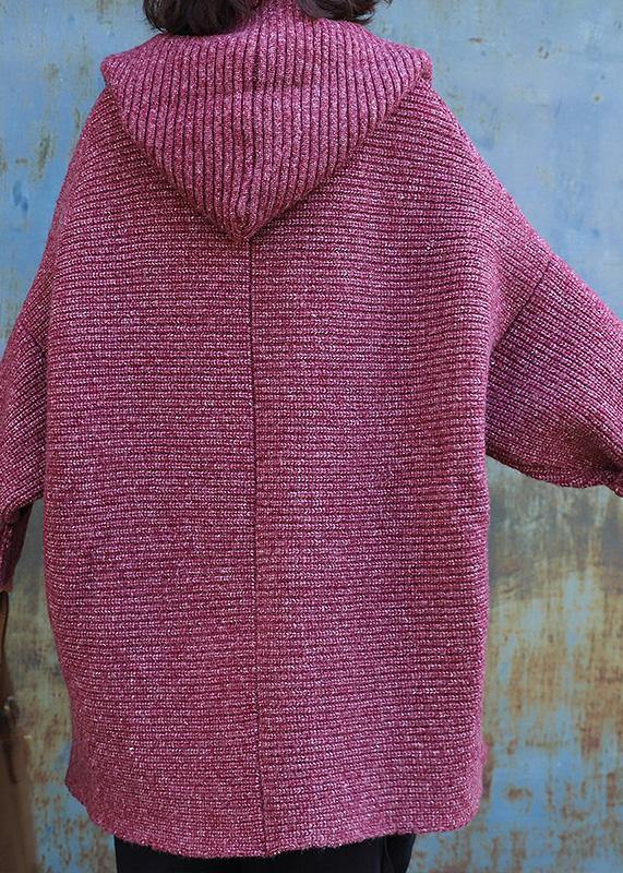 Hooded Knitted Coat Oversize Red Two Big Pockets Sweater Coat