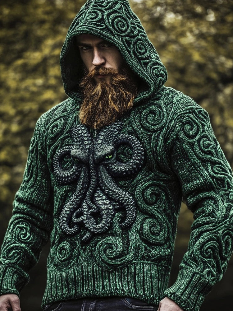 Men's Retro Cthulu Celtic Jacquard Chunky Hooded Sweater artswardrobe