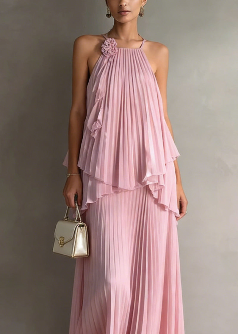 Holiday Style Pink Pleated Top and Skirts Chiffon Two Pieces Set Summer