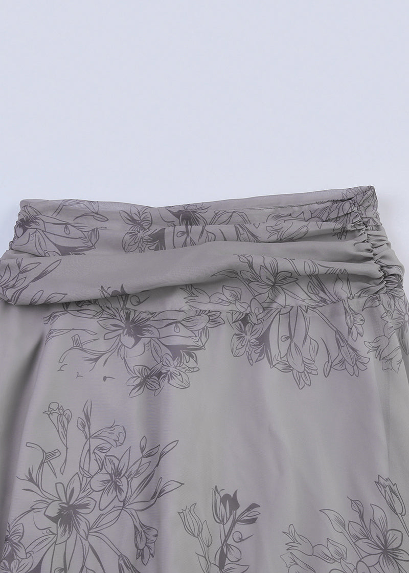 Grey Asymmetrical Print Patchwork Chiffon Skirt Summer