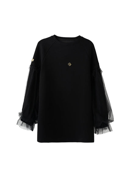 Black O Neck Tulle Patchwork Cotton Sweatshirts Top Fall