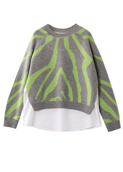 Grey Print Patchwork Wool Knit Fake Two Piece Pullover Tops Winter