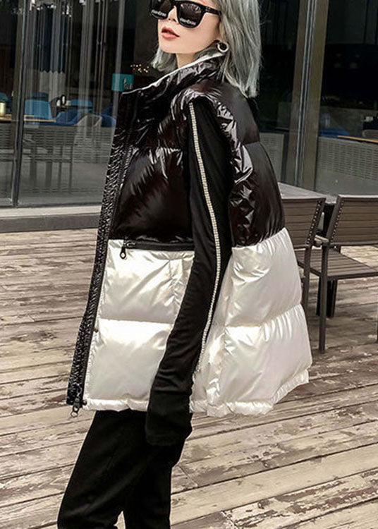 Black Patchwork White Pockets Bow Winter Sleeveless Puffer Vest