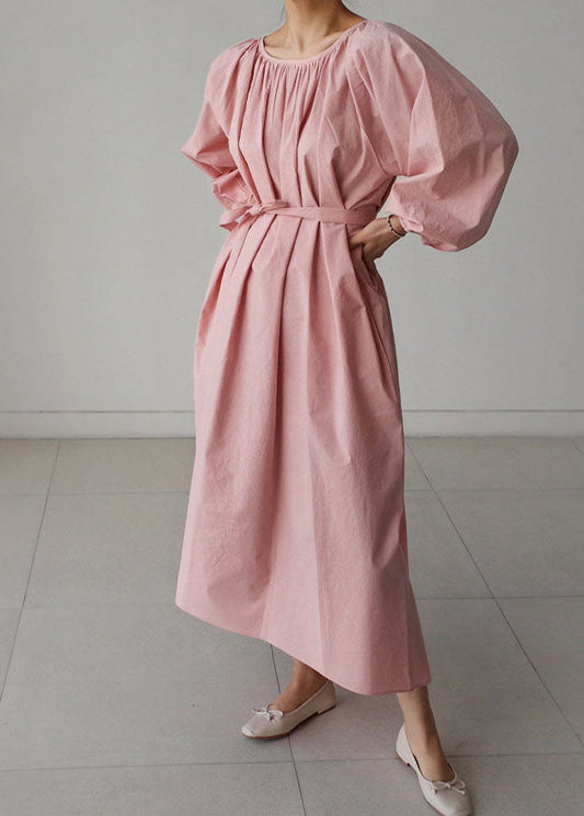 Pink Cotton O-neck Wrinkled Maxi Dress Three Quarter Sleeve