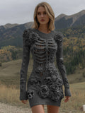 Women's Vintage Halloween Skeleton Skull With Rose Art Cozy Sweater Dress artswardrobe