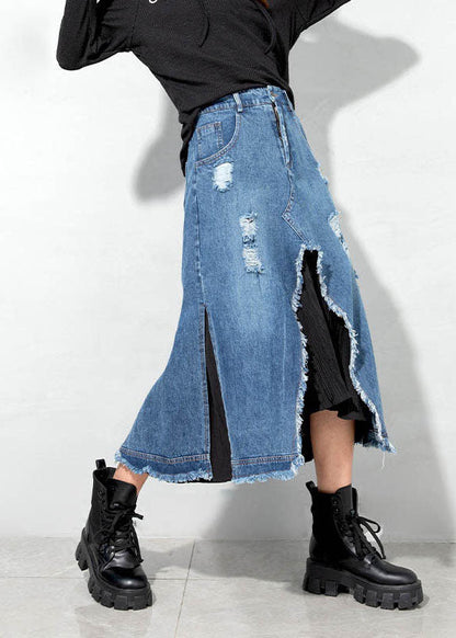 Blue Asymmetrical Patchwork Skirts Spring