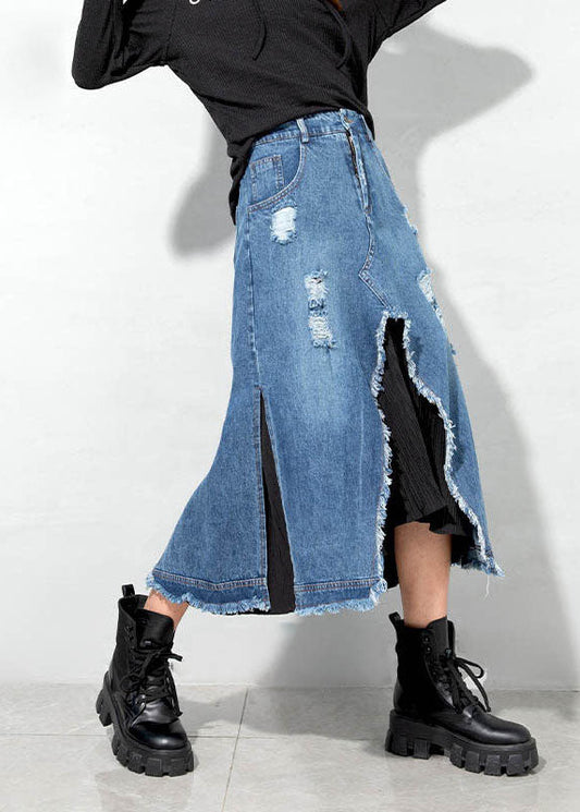 Blue Asymmetrical Patchwork Skirts Spring