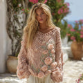 Women's Boho Rose Chunky Knit Crew Neck Aran Sweater artswardrobe
