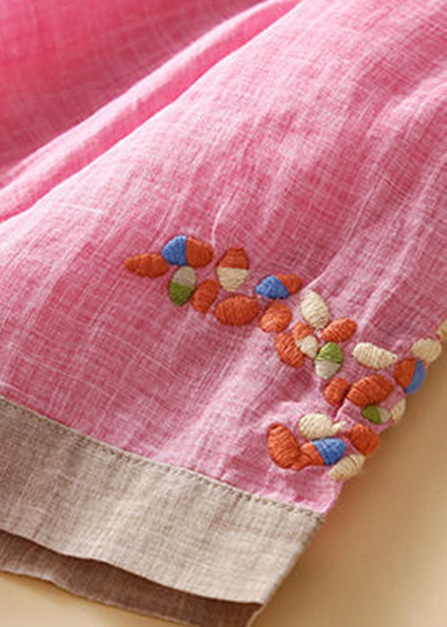 Pink Embroidered Patchwork Linen Shirt Dress Summer