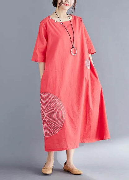 Modern O Neck Embroidery Cotton Tunic Top Work Outfits Red Maxi Dresses Summer