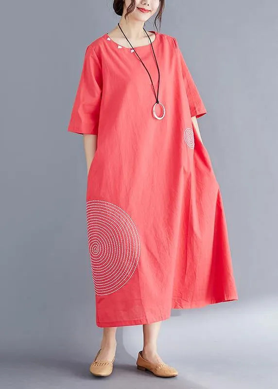 Modern O Neck Embroidery Cotton Tunic Top Work Outfits Red Maxi Dresses Summer