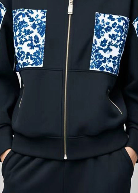 Black Stand Collar Patchwork Print Cotton Coats Fall