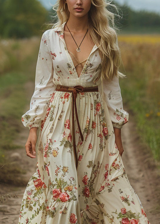 V Neck Print Long Sleeve Pastoral Dress