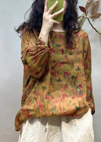 Loose Orange O-neck Print Linen T Shirt Spring