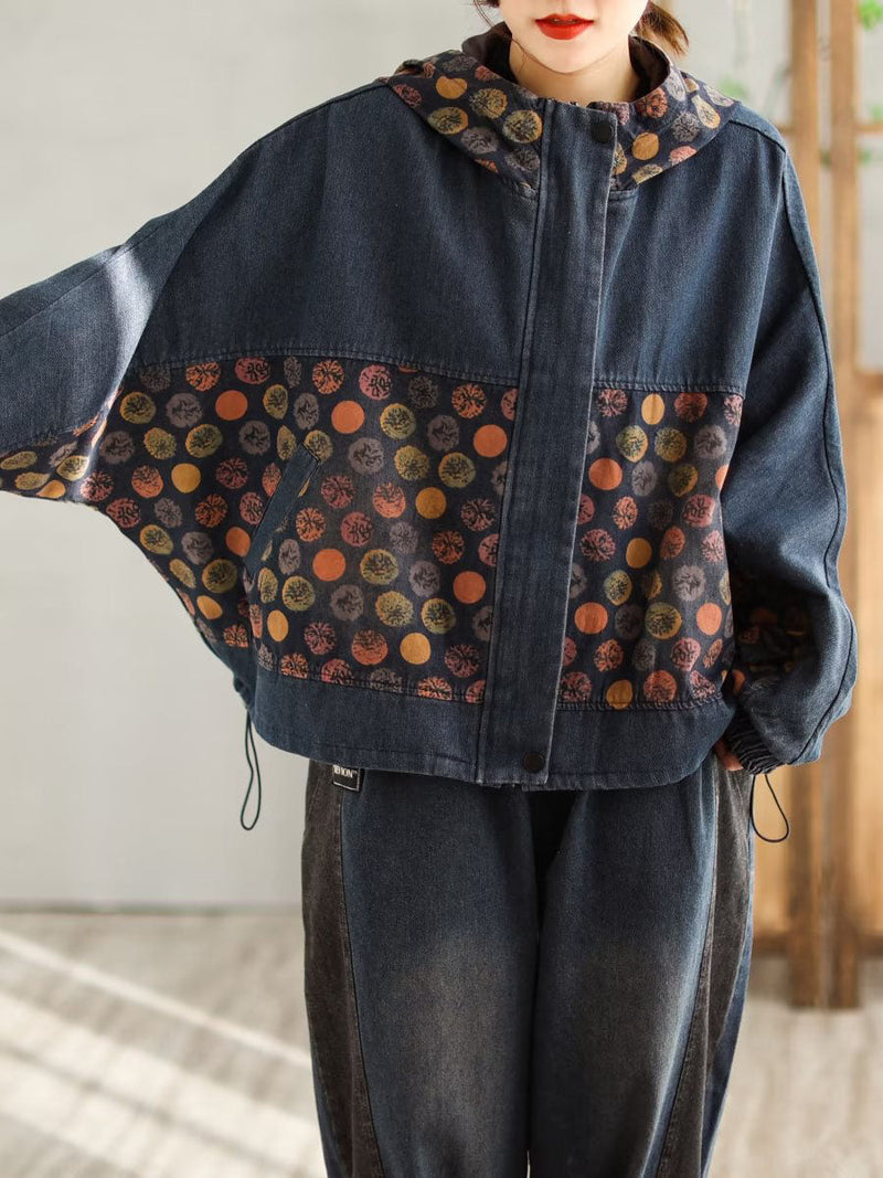 Spring Spliced Denim Hooded Coat