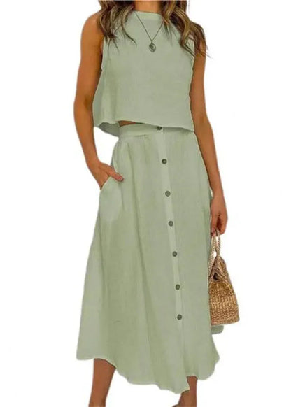 Brief Blue O-neck Top and Maxi Skirts Two Pieces Set Summer