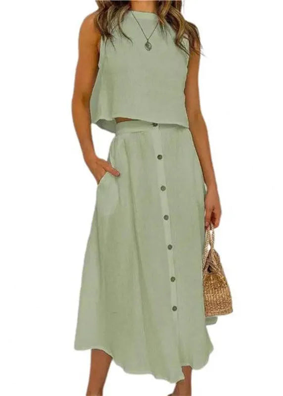 Brief Blue O-neck Top and Maxi Skirts Two Pieces Set Summer