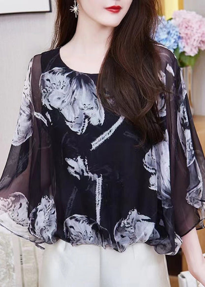 French Black O Neck Print Chiffon Top Summer