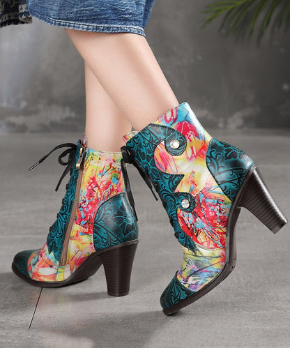 Blue Lace Up Splicing Embossed Chunky Heel Boots