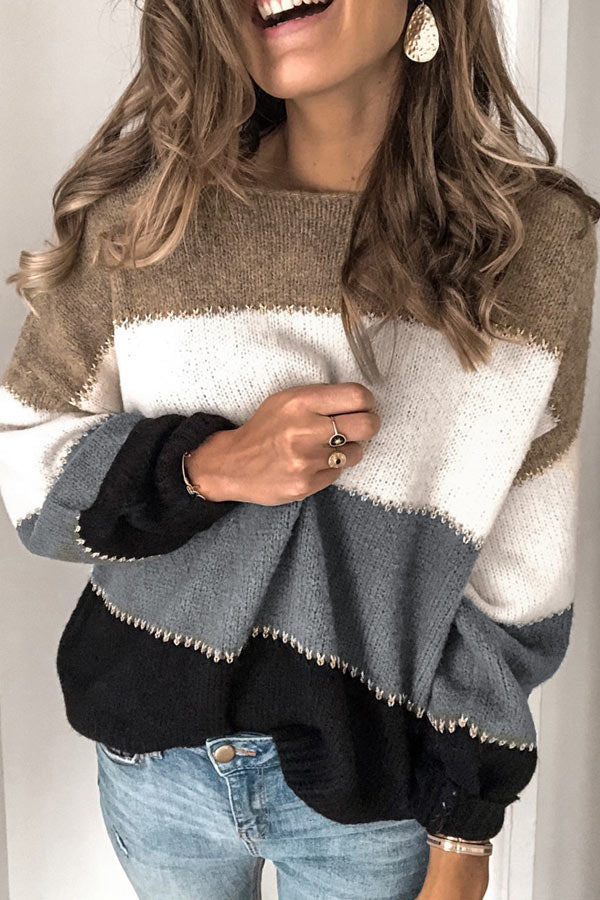 Color Patchwork Round Neck Sweater