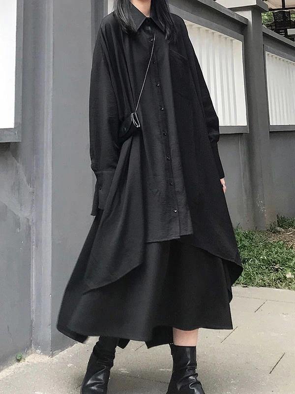 Lapel Asymmetric Cotton for Black a Line Shirt Dresses