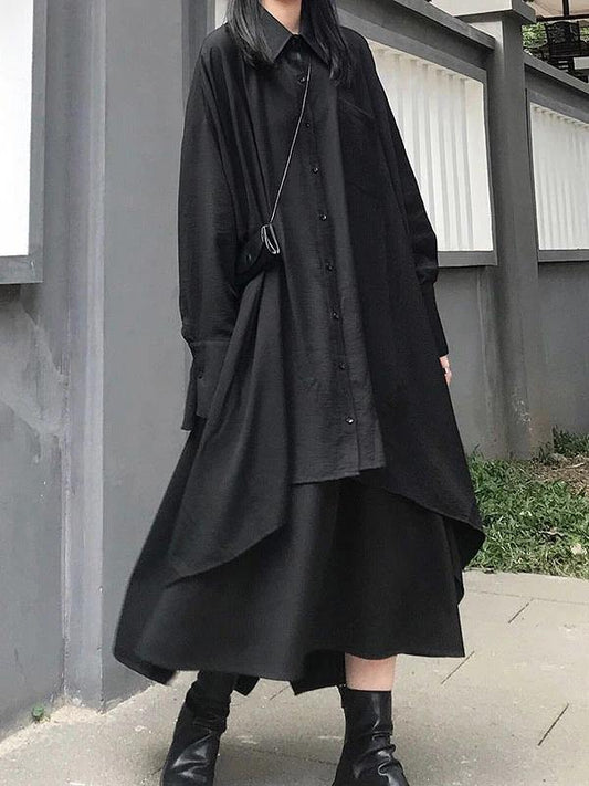 Lapel Asymmetric Cotton for Black a Line Shirt Dresses