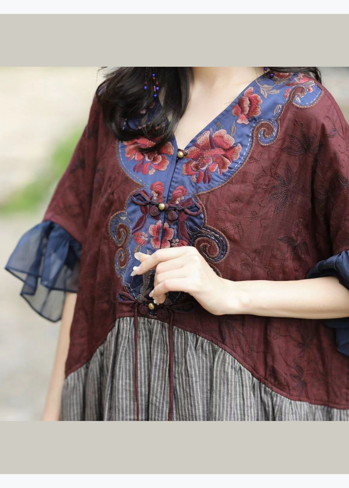 Original V-neck Embroidered Loose Cotton Blend Dress Butterfly Sleeve