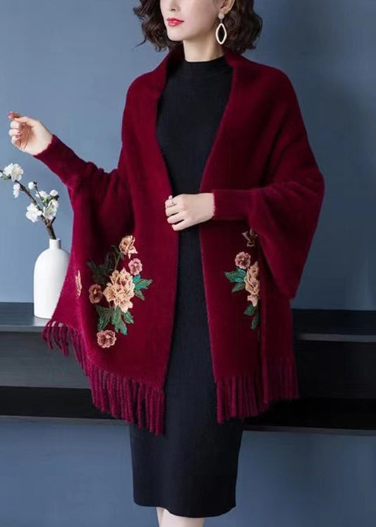 Wine Red Embroidered Tasseled Patchwork Mink Velvet Cardigans V Neck Long Sleeve