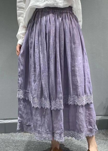 Red Elastic Waist Lace Patchwork Linen Pleated Skirt Summer