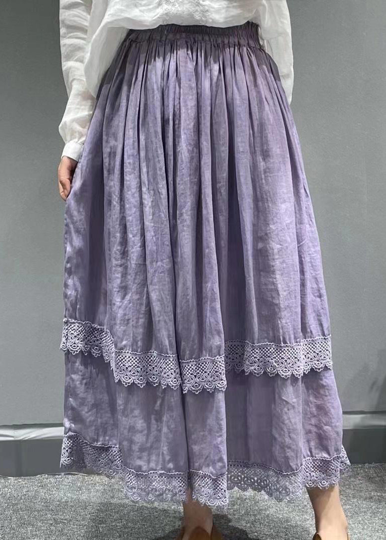 Red Elastic Waist Lace Patchwork Linen Pleated Skirt Summer