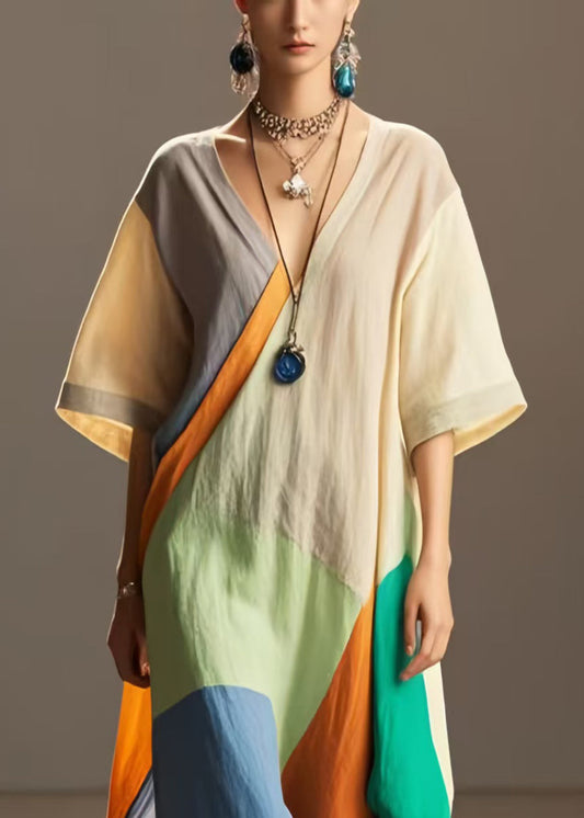 Art Colorblock Oversized Asymmetrical Design Cotton Long Dress Summer