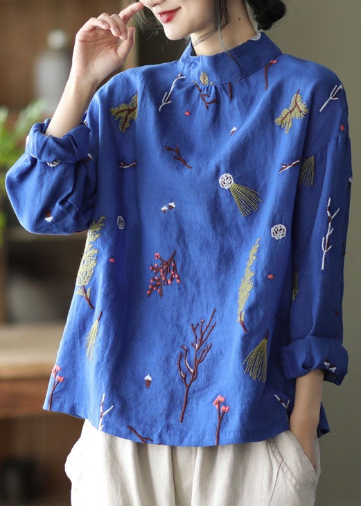 Stylish Blue Embroideried Retro Linen Blouse Tops Spring