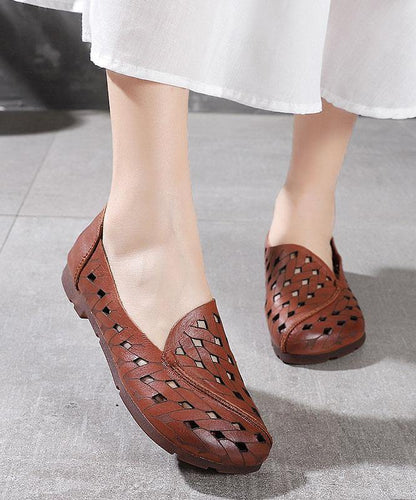 Hollow Out Flat Feet Shoes Khaki Cowhide Leather Embossed Flats Shoes
