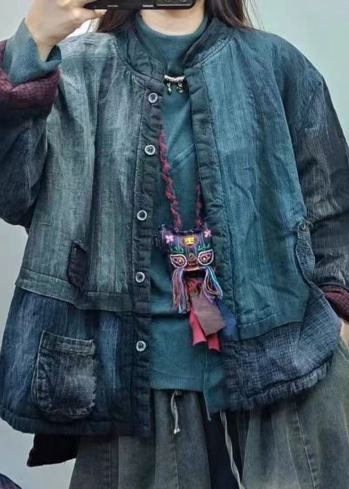 Blue Stand Collar Pockets Patchwork Fine Cotton Filled Jackets Winter