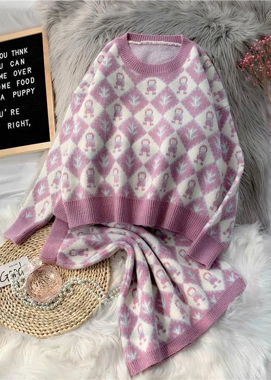 Autumn and Winter New Temperament Cartoon Pattern Sweater Set Round Neck Sweater Half Skirt Two-piece Set