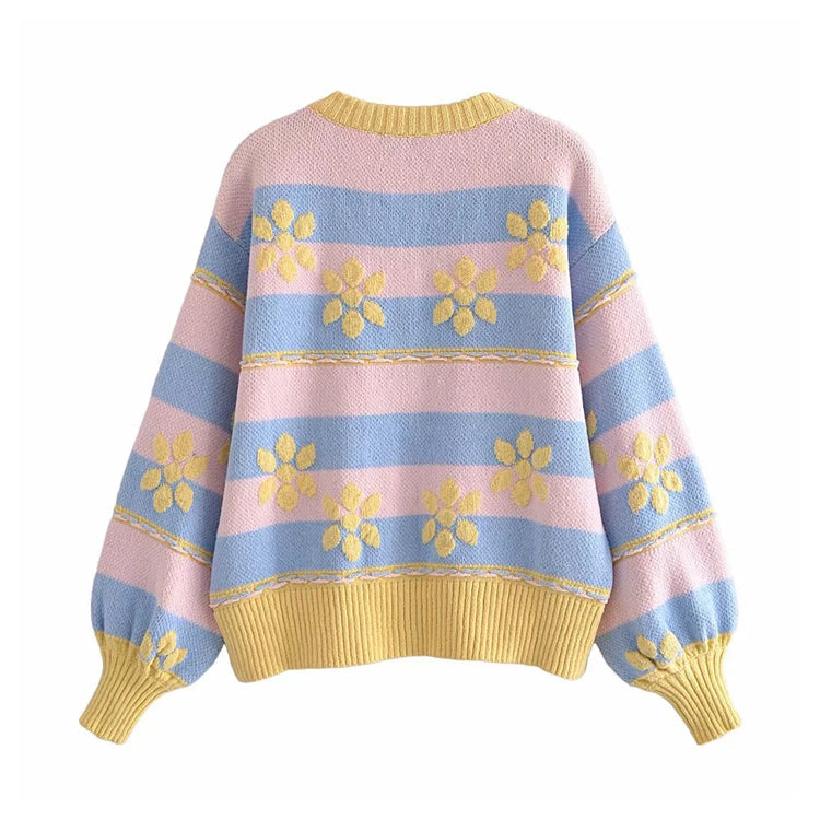 Sweet Flower Printed Jacquard Knitted Coat Cardigan 7302