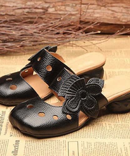 Splicing Hollow Out Chunky Black Cowhide Leather Slide Sandals