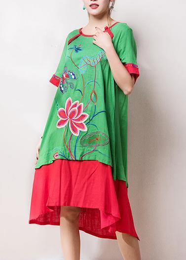 O Neck Patchwork Cotton Linen Quilting Dresses Inspiration Green Embroidery Dress Summer