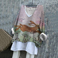 Meadow Cute Rabbit Embroidery Linen V-neck Shirt elevenforest