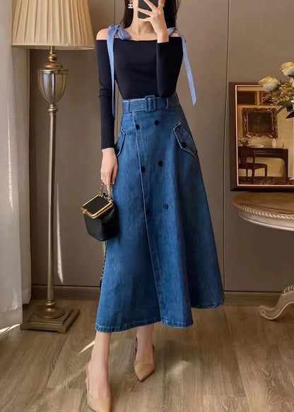 Unique Blue Slash Neck Patchwork Top and Denim Maxi Skirts Two Pieces Set Fall