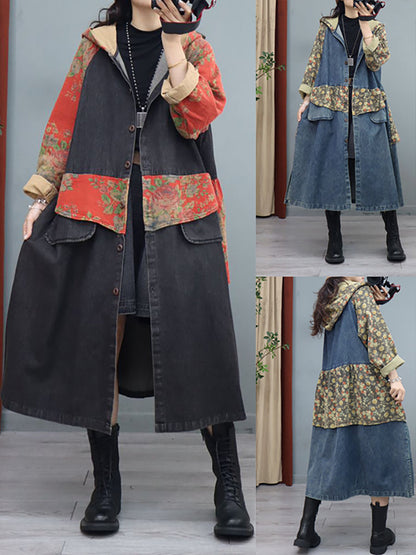 Denim Patchwork Print Hooded Long Coat