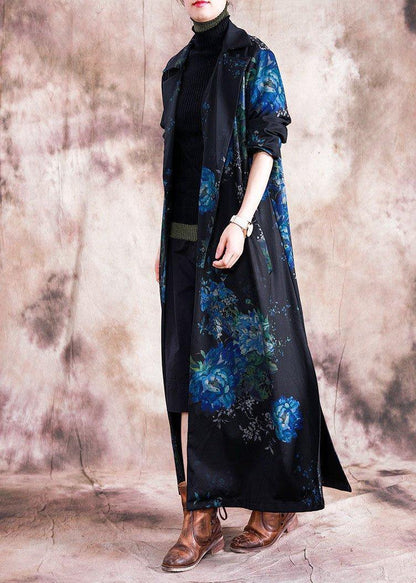 Fine Blue Prints Coats Loose Fitting Trench Coats Fall Outwear Lapel Collar