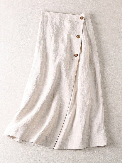 Pure Color Elastic Waist A-line Linen Skirt