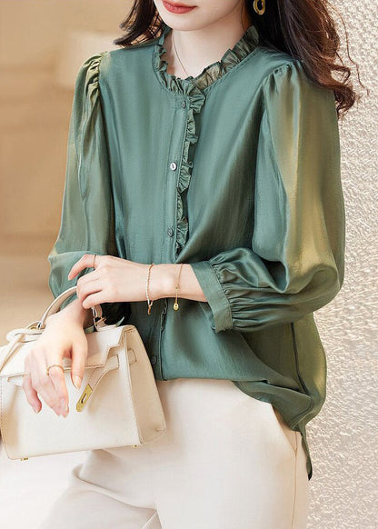 Green Button Chiffon Blouses Ruffled Spring