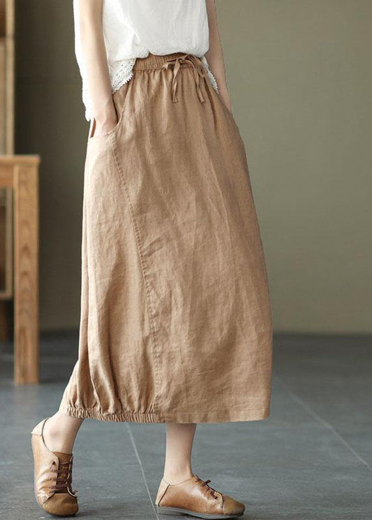 Handmade Khaki Tie Waist Patchwork Summer a Line Skirt Linen