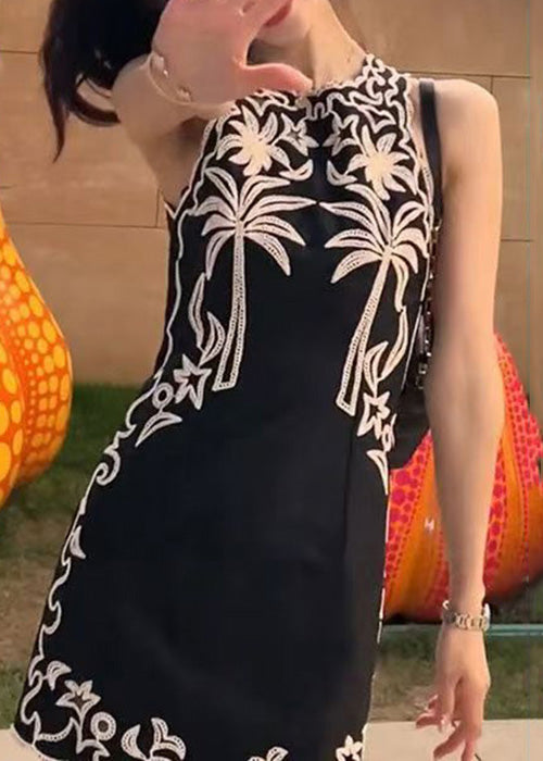 New Black O-neck Print Cotton Mid Dress Sleeveless